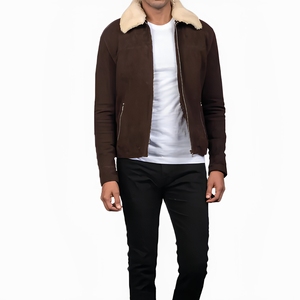 Brown <b>Suede</b> Bomber <b>Jacket</b> With Faux Fur Collar Zipper Closure Winter Unisax Thick Windproof Coat Regular Fit Full Sleeve <b>jacket</b> - Product Image 1