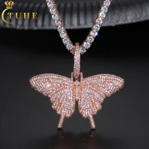 Fashion Iced Out Rose Gold Butterfly Necklace 925 Sterling Silver VVS Moissanite Diamond Pendant Hip Hop Jewelry Tennis Chain