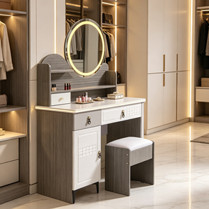 Modern Makeup Vanity <b>With</b> Lighted Round Mirror Storage <b>Drawers</b> And Cabinet Bedroom <b>Dressing</b> <b>Table</b> <b>With</b> Stool - Product Image 5