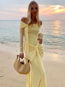 Women's New Fashion Yellow Casual Dress-One Shoulder Slim Long Elegant Maxi Natural Waistline-for Winter Spring Summer Autumn - Product Image 2