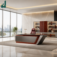 Bureau de direction en L sculpté en diagonale, en métal argenté satiné et placage de bois de ronce, avec rangement latéral pour bureau d'entreprise