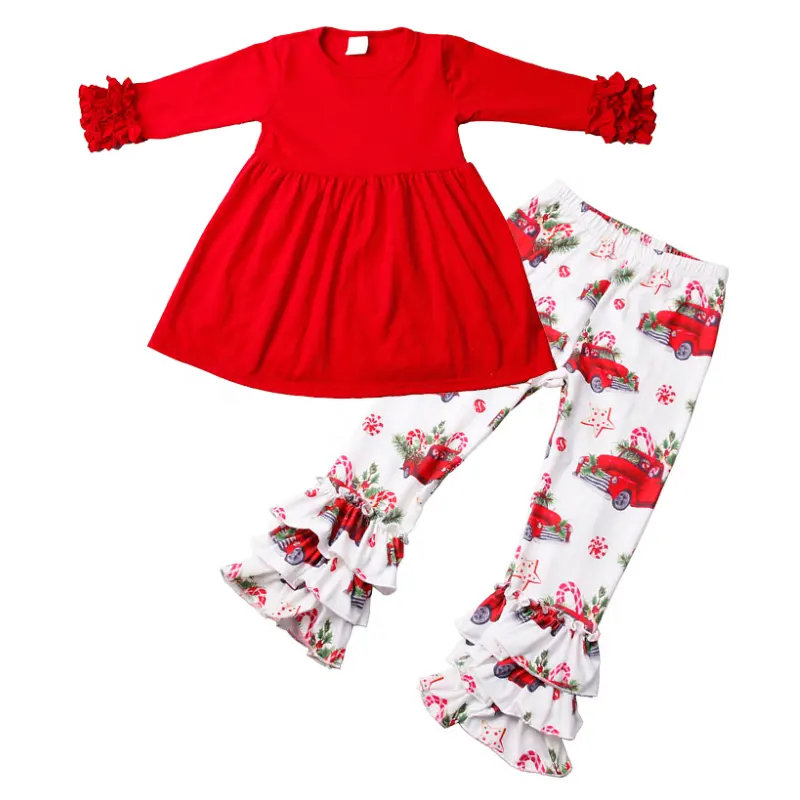 Mädchen 2pcs Boutique Red Dress Truck Print Dreifache Rüschen hose Outfit Plain <span class=keywords><strong>Baby</strong></span> Weihnachts kleidung Set
