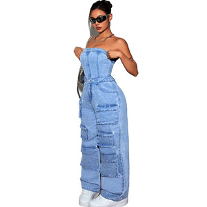 Fashion Summer Women Denim Sleeveless Jean Rompers One Piece 2024 Autumn Streetwear Strapless Overalls <strong>Outfits</strong> - Product Image 3