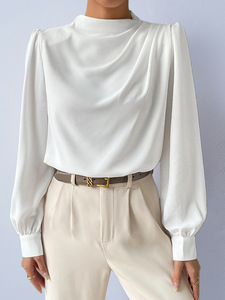 Blus Wanita Satin Kerah Cowl Lengan Panjang Elegan Model Draped Mock Neck Pullover untuk Kerja Kantor Kasual Bisnis 2026 - Product Image 4