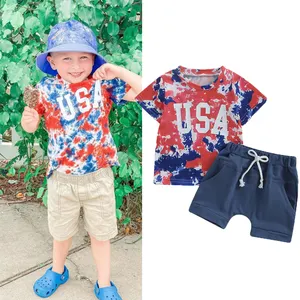 0-5Y baju bayi laki-laki 4 July pakaian merah putih biru ikat celup kemeja dan celana pendek USA 2pcs Set baju anak laki-laki Hari Kemerdekaan