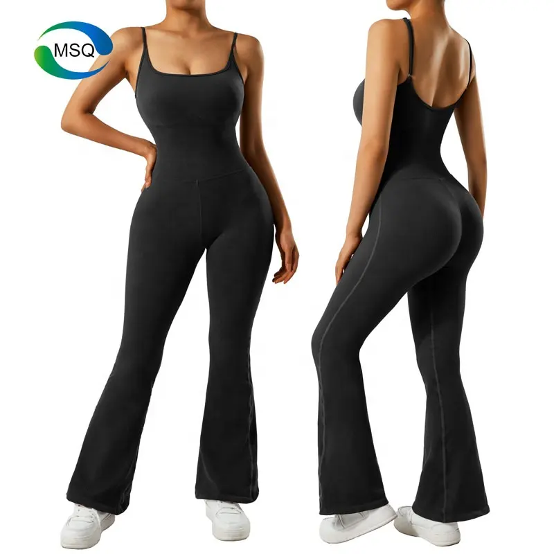 New Backless High Elastic Activewear Romper Seamless Ribbed Yoga Scrunch Butt Jumpsuit Workout One Piece Flared jumpsuits