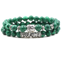 Ensemble de bracelets classiques en argent naturel avec tête de lion, de hibou et de Bouddha pour unisexe, anniversaire, chaîne de bracelet à perles en diamant de 8 mm