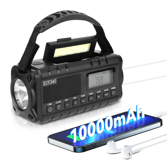 Hand Cranked Solar 10000mAh Emergency Power Bank with Clock Flashlight SOS Alarm and NOAA Radio Function Emergency Power Bank