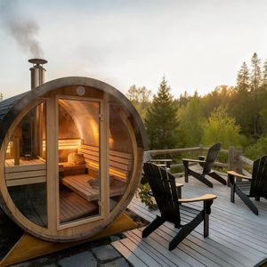 Sauna rond en cèdre pour 4 personnes, chauffé au bois, pour usage extérieur familial dans une villa - Product Image 1