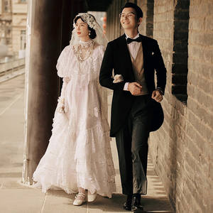 Robe longue en dentelle blanche 100 % coton, style république chinoise vintage, manches bouffantes, pour couple, mariage, voyage - Product Image 2