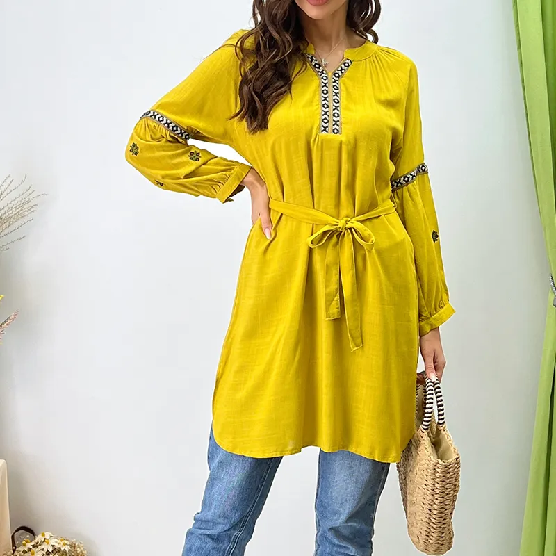 OEM New Design Shirt Dress For Women Long Sleeves Soft Fabric With Embroidery Midi Dress