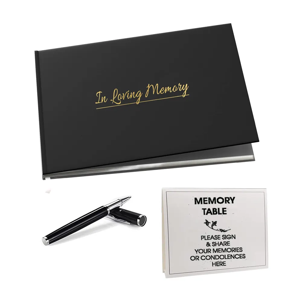 Stampa personalizzata Guest Book funebre, Memory Memorial Service Guest Book, ricordi, copertina rigida, con penna nera e cartello da tavolo