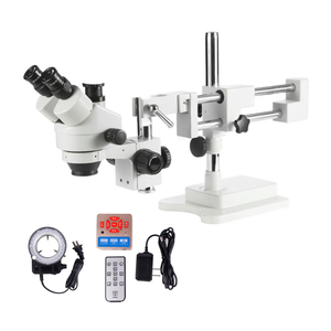 7X-45X Continuous Magnification Lens LED Ring Light Double Arm Boom Stand Trinocular Stereo Microscope with Digital Camera 1 Pc