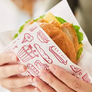 Envoltura de papel de regalo de hamburguesa de sándwich a prueba de grasa recubierta de cera de grado alimenticio impresa personalizada