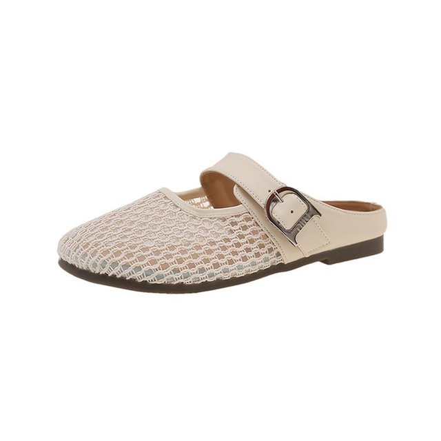 Mesh Loafers Half Slippers Women Summer Outdoor Lightweight Breathable Hollow Flat Hook Loop Closure French Style Slip-On PVC