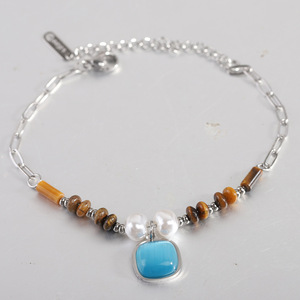Pulsera de Moda con Cuentas de 12 mm, Cuadradas, de Turquesa, Ojo de Tigre y Perla, Cadena Dorada, Regalo para Mujer - Product Image 2