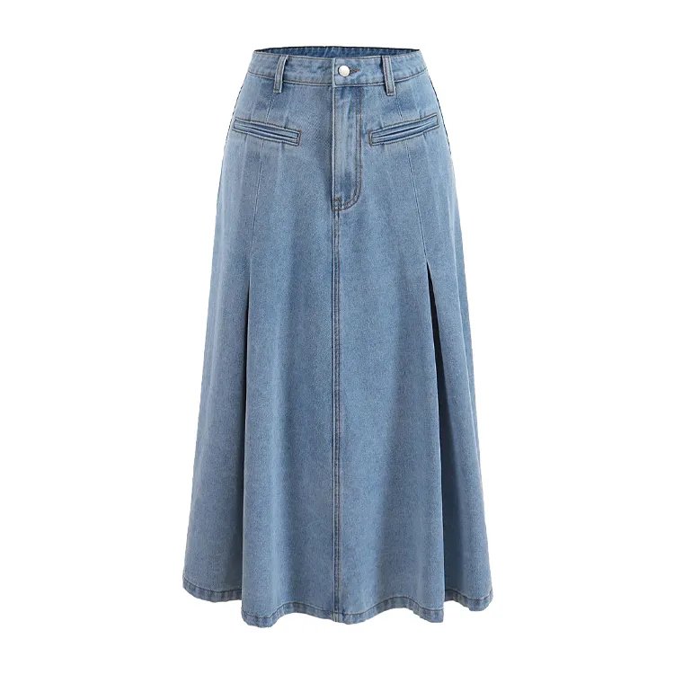 Spring New Design Custom Jean Skirts High Waist Fishtail Pleated Long Denim Skirts For Women