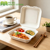 Boîte à clapet compostable et jetable à 3 compartiments en bagasse, sans PFAS, minimaliste, pour plats à emporter, vente en gros