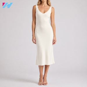 Robe midi blanche personnalisée pour <span class=keywords><strong>femme</strong></span>, col en V, sans manches, coupe ajustée, en tricot, OEM ODM - Product Image 1