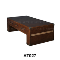 Table basse industrielle en acier inoxydable, cuir et bois massif, table à cigares, table à whisky, table basse de luxe