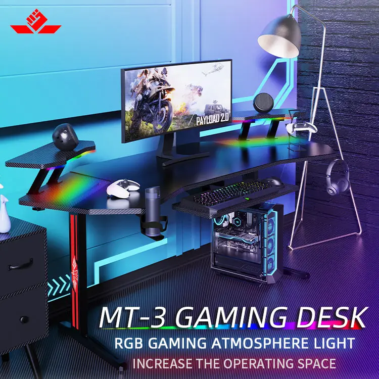 Large Desktop Rgb Gaming Desk Corner E-sports Computer Gaming Table Pc Black Gamer Desk With LED Symphony Ambient Light