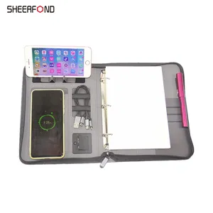 Innovation compendium zippered leather business portfolio powerbank diary notebook with wireless charging