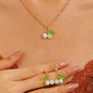 Colliers pendentifs simples <span class=keywords><strong>cerises</strong></span> vertes pour femmes, ensemble boucles d'oreilles chaîne clavicule <span class=keywords><strong>cerises</strong></span> rouges, accessoires bijoux - Product Image 2
