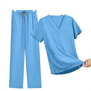 Conjunto de uniforme médico unisex morado con cuello en V y pantalón, logotipo personalizado, tela Dobby, detección de agujas - Product Image 6
