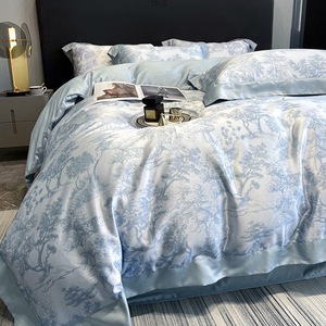Parure de lit Tencel quatre pièces 1,8 m, housse de couette luxueuse et rafraîchissante avec motif plantes et fleurs, tissu tissé - Product Image 4