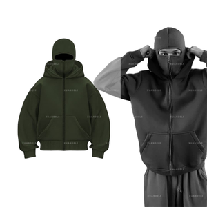 Sweat à capuche oversize en molleton français de poids lourd 600 g/m² pour homme, vert armée, uni, streetwear, 100 % coton, fermeture éclair sur le devant, cagoule - Product Image 4
