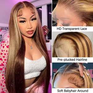 Perruque frontale en dentelle transparente 13x4 double trame pour femmes P4/27, densité 180%, cheveux humains lisses, longueur longue, toutes les couleurs - Product Image 5