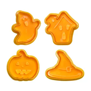2023热卖4件橙色万圣节塑料饼干切割机万圣节烘焙软糖模具