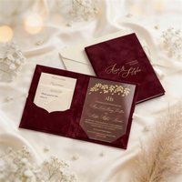 Set Undangan Pernikahan Folio Hardcover Beludru Biru Dongker Elegan dengan Emboss Foil Emas Personal dan Amplop Suite Akrilik