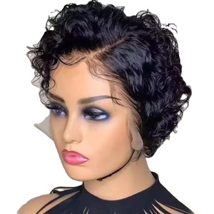Perruque Lace Front en cheveux humains, bouclés et courts, <span class=keywords><strong>coupe</strong></span> Pixie 13*4, perruque de cheveux noirs alignés pour femmes - Product Image 1