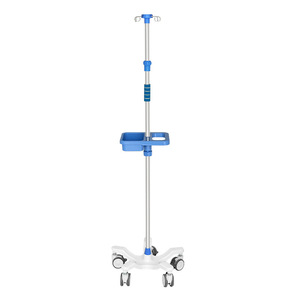 Soporte de suero de acero inoxidable con bandeja y ruedas para uso hospitalario - Product Image 1