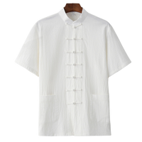 Setelan Tang Pria Musim Panas Bahan Katun/Linen Ringan Gaya Cina, Hanfu, Kancing Cakram, Lengan Setengah, Bernapas