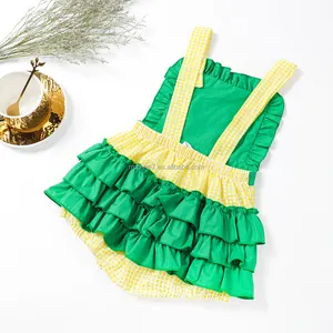 Wholesale Kids Clothing Tractor Applique Infant Baby Bubble Sleeveless Seersucker Ruffles Girl Bubble Romper