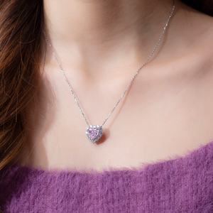 Messi Jewelry MSN-653 Pink <b>Heart</b> Cut High Carbon Diamond Cubic Zirconia <b>Necklace</b> Classic Style Pendant <b>Necklace</b> - Product Image 5