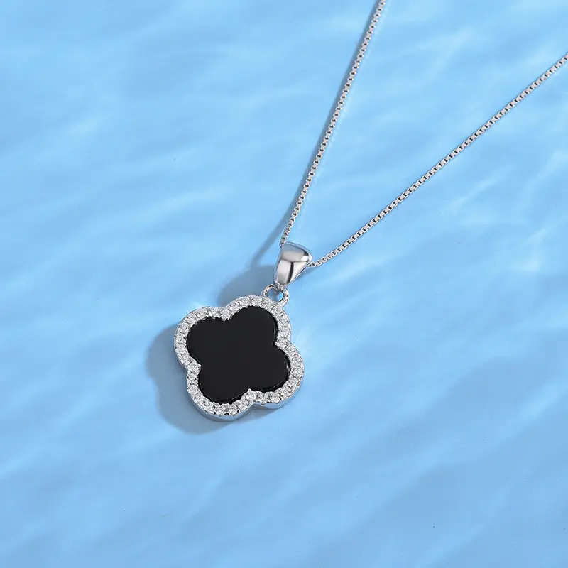 Dropshipping Wholesale Lucky 4 Leaf Clover Black Pendant 925 Sterling Silver Necklace S925 Jewelry Women Mother Day Gift