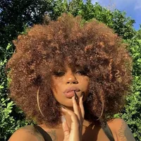 Perruque QVR Courte Afro Frisée Kinky en Cheveux Brésiliens Remy avec Frange, Densité 180%, Effet Volumineux |   Perruque sans lacets, fabriquée à la machine, style afro, pour femmes noires, toutes tailles