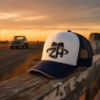 Casquette de baseball unisexe style trucker, dos en maille, devant en mousse, visière incurvée, six panneaux, réglable, blanc et bleu marine, vente en gros