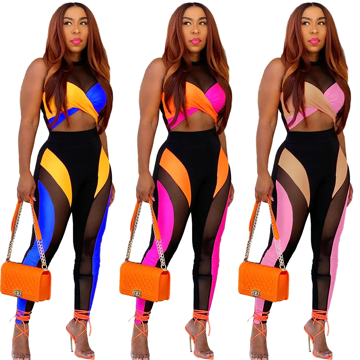 Outsunny Arrivals Folding Set with Patchwork Contrast Color Crop Tops and High Waist Leggings Sexy 2 Piece Mesh Outfit Casual