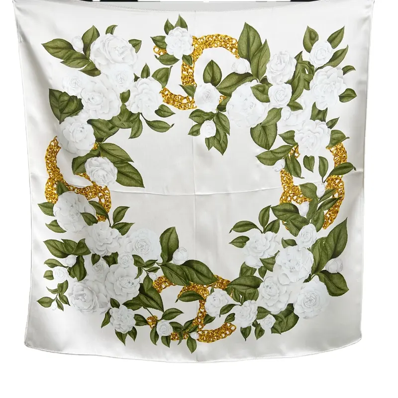 Foulard en soie à fleurs blanches et vertes pour femmes, foulard carré en satin de 70x70cm