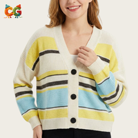Cardigan en tricot à rayures color block CG, col en V, épaules tombantes, coupe ample, court, boutonné, pour printemps-automne, vente en gros OEM