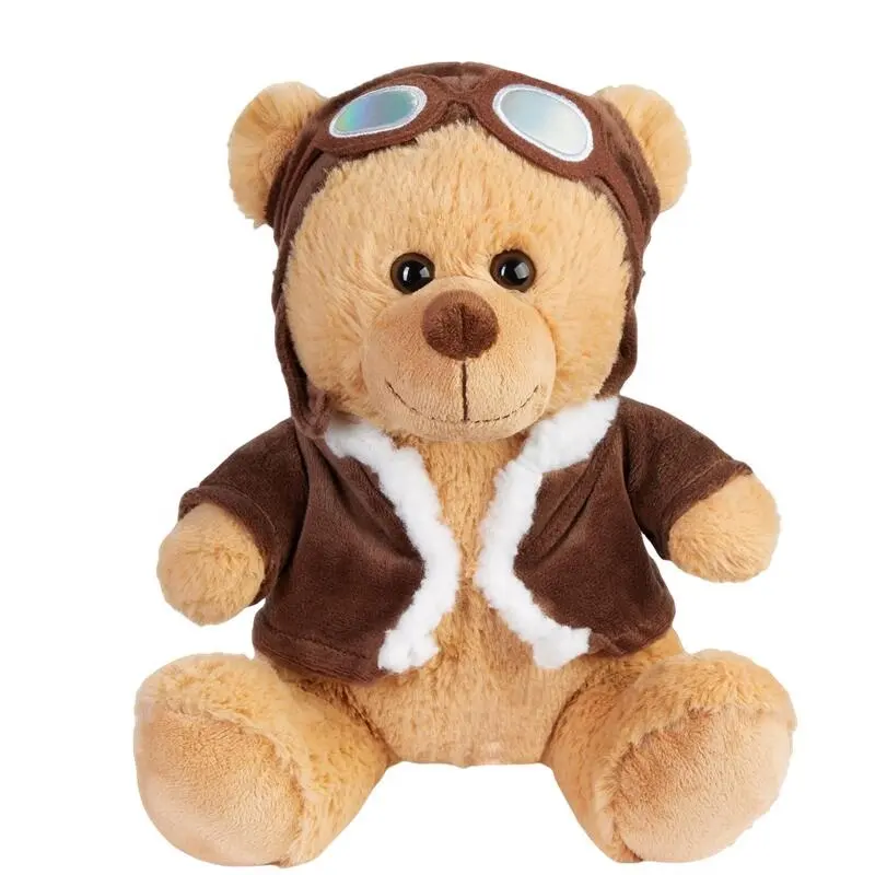 2024 Custom Glas Teddybär Kostüm Plüsch tier PP Baumwolle Pilot Teddybär Jacke Soft Doll