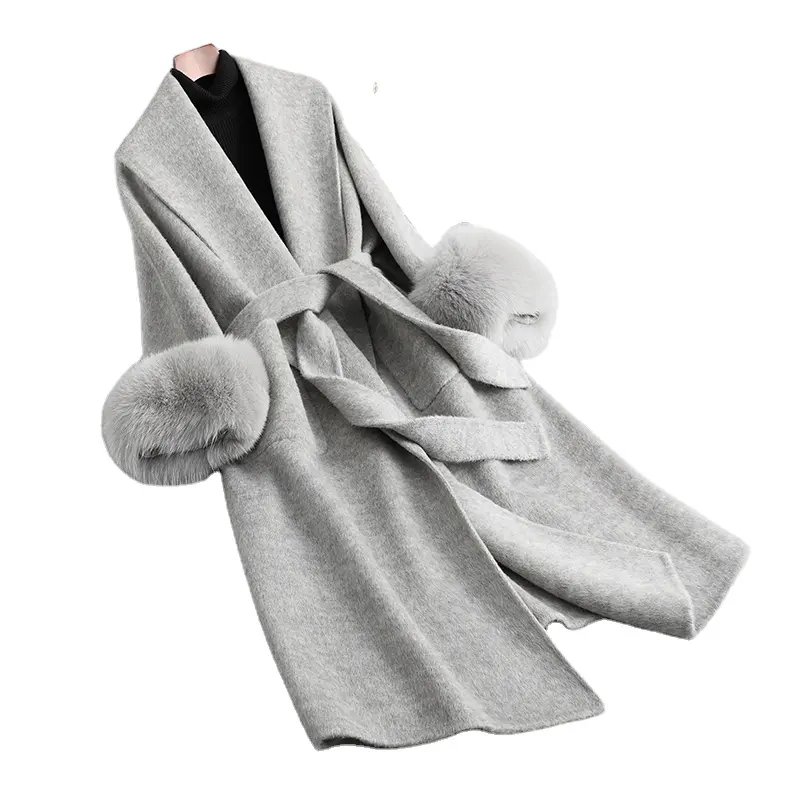PUDI sıcak satış tasarım hakiki yün kürk sıcak uzun ceket tilki kürk büyük manşet kadın ceket CT2117