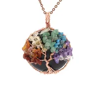 Bohemia Style 7 Color Chakra Crystal Tree Of Life Pendant With Black Agate