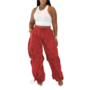 Women's Stylish High Waist Cord Locks Baggy Lantern Slacks Pants Ruched Details Elastic Waist Casual <strong>Harem</strong> <strong>Trousers</strong> - Product Image 5