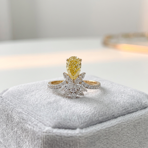 Bague de luxe en diamant jaune fantaisie taille poire, grappe florale, synthétique, cultivé en laboratoire, certifié IGI, à double sangle, pour mariée et cocktail - Product Image 1