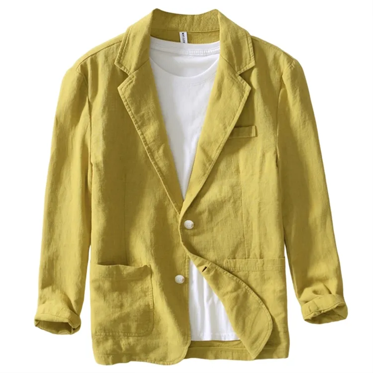 2024 yeni gevşek katı takım elbise Blazer moda erkek sarı Blazer ceket özel pamuk keten Blazers erkekler için